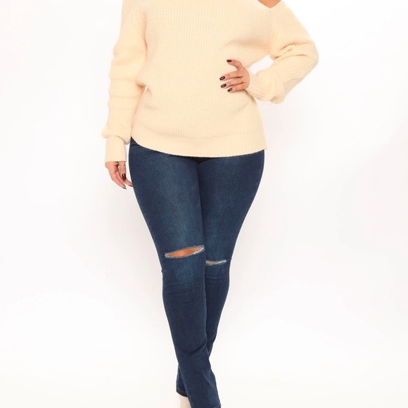 Cream tan ivory cold shoulder turtleneck top sweater - Picture 2 of 2